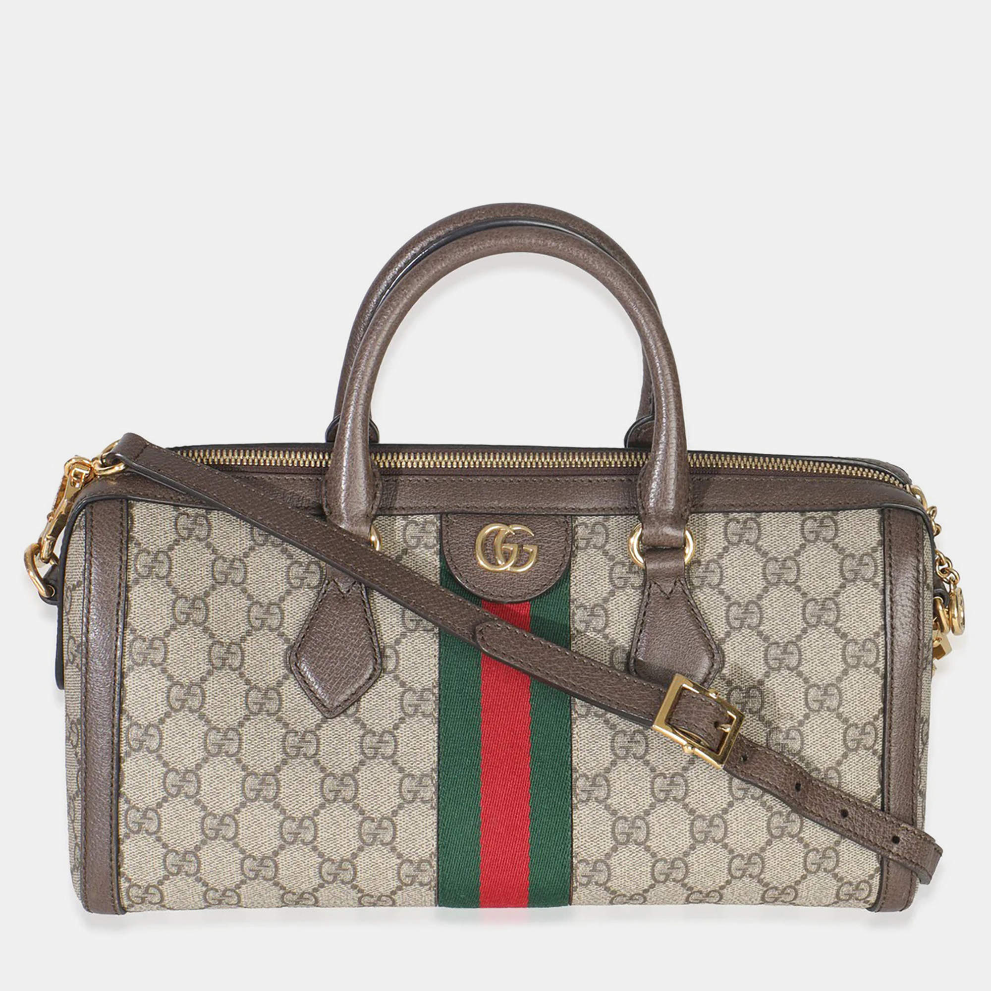 مملوكة مسبقًا Gucci Beige GG Monogram Canvas Web Medium Ophidia Boston Bag