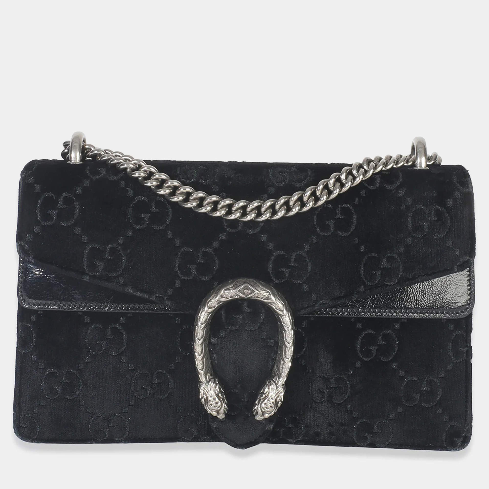 مملوكة مسبقًا Gucci Black GG Embossed Velvet Small Dionysus Chain Bag
