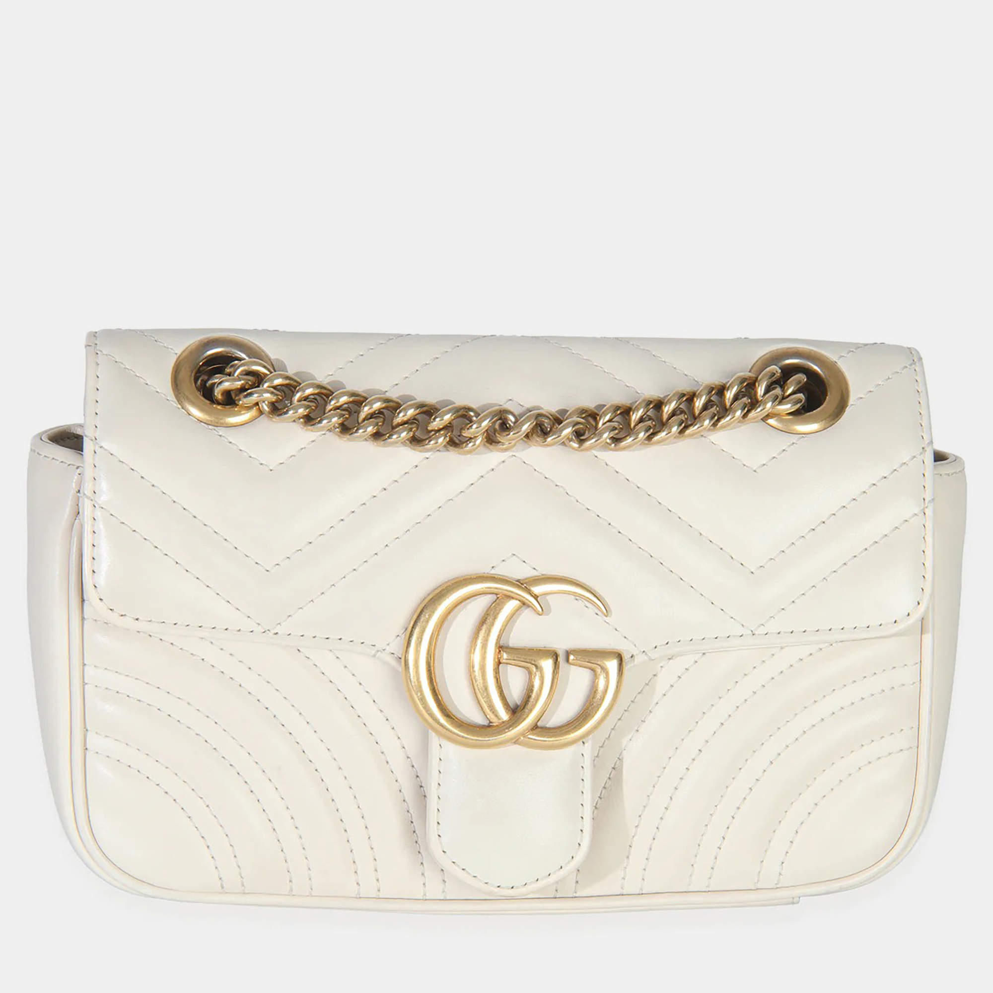 Pre Owned Gucci White Matelasse Calfskin Small GG Marmont Shoulder Bag