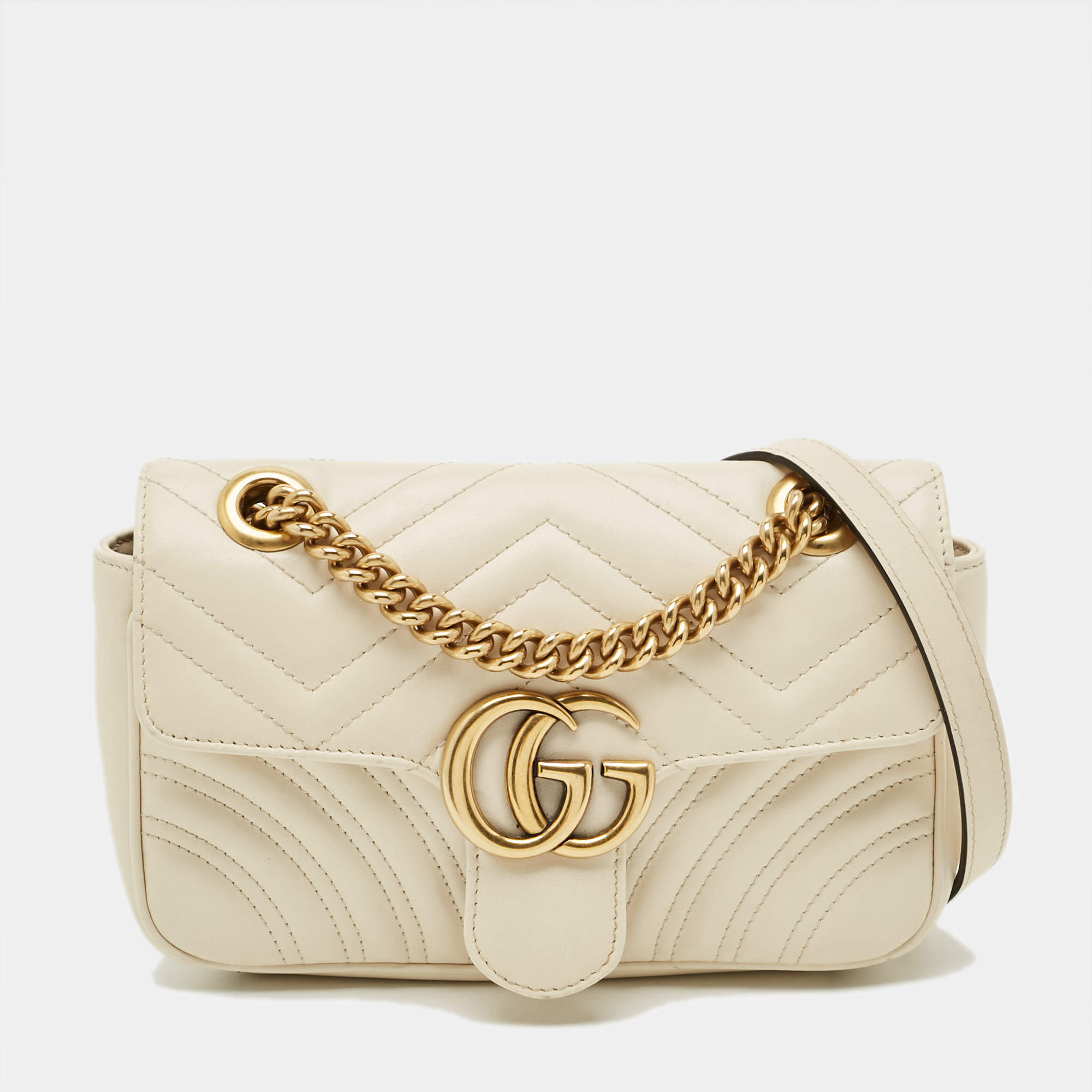 مملوكة مسبقًا Gucci GG Marmont Flap Mini Ivory Matelassé Leather Shoulder Bag