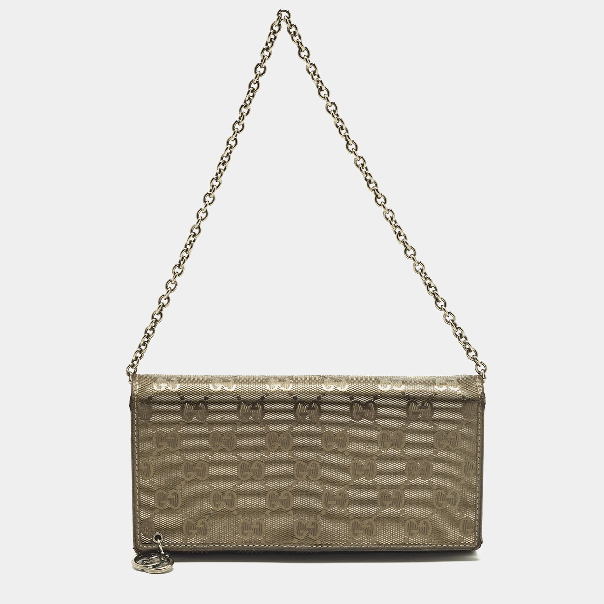 مملوكة مسبقًا Gucci Flap Metallic GG Imprime Canvas Wallet On Chain