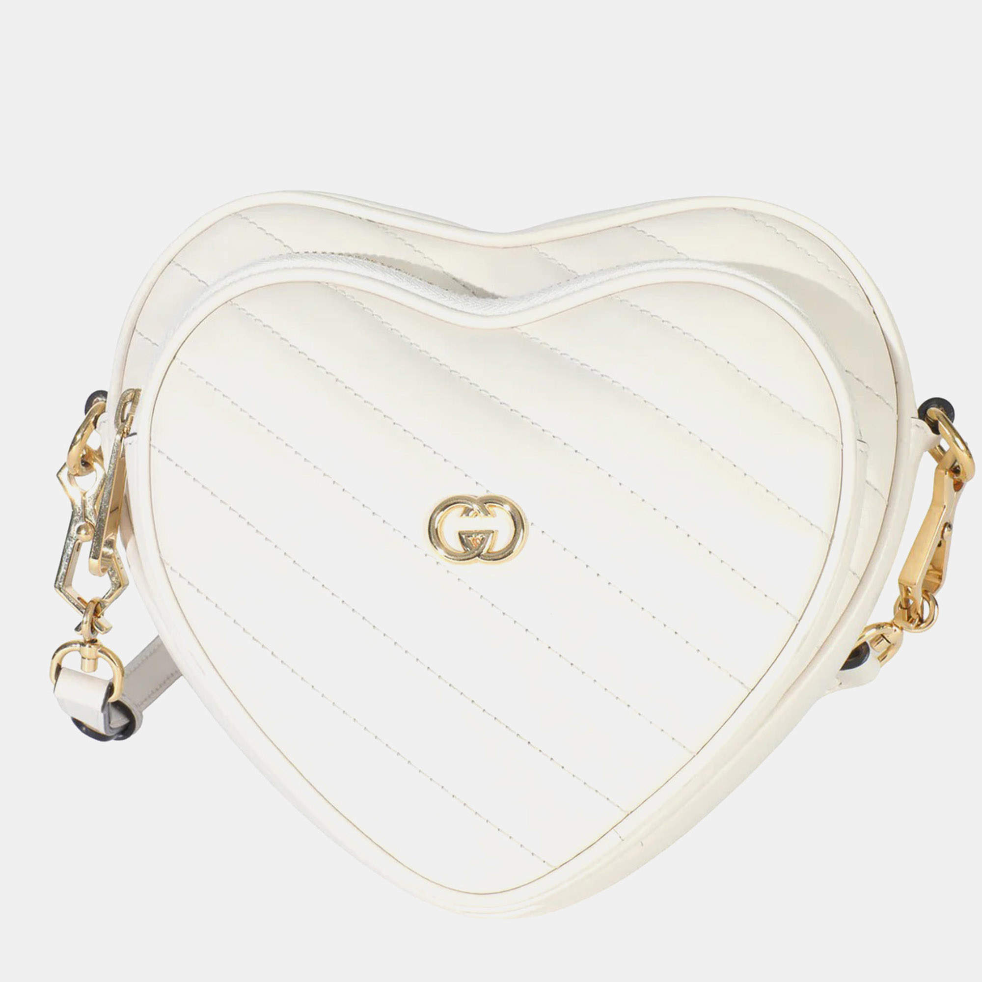 Pre Owned Gucci Creme Matelasse Calfskin Diagonal Mini Interlocking G Heart Bag