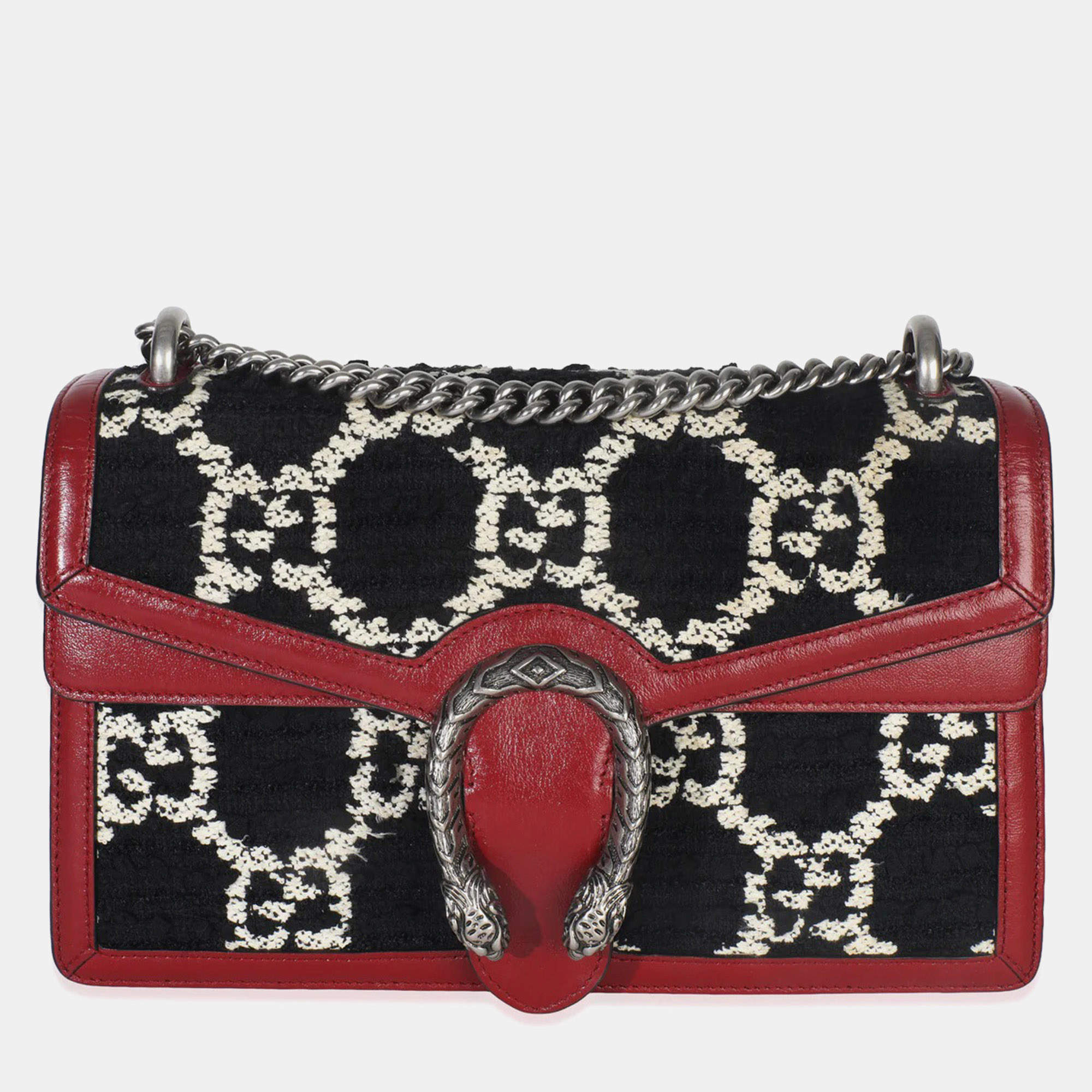 Pre Owned Gucci Black White Red Tweed GG Monogram Medium Dionysus Shoulder Bag