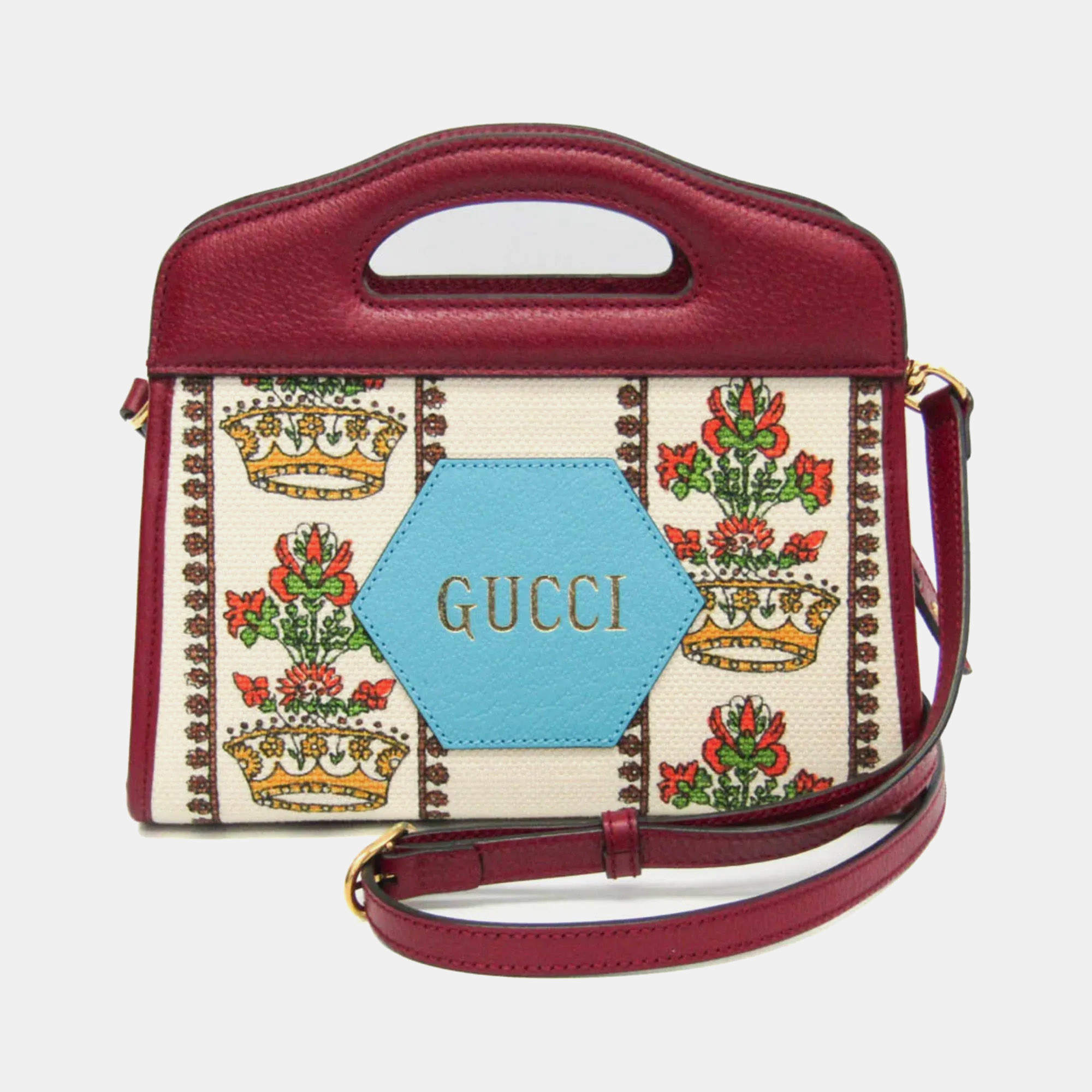 مملوكة مسبقًا Gucci 100th Anniversary Leather Canvas Shoulder Bag Bordeaux Light Blue Off-white