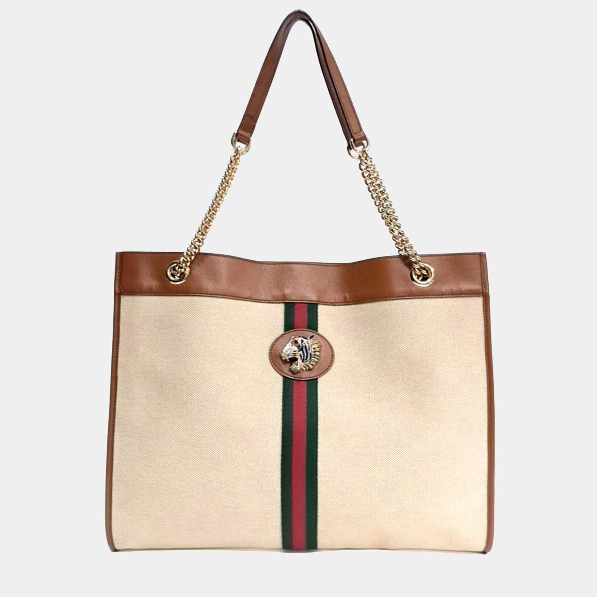 Pre Owned Gucci Beige Brown Canvas and Leather Raja Tiger Head Shoulder Bag