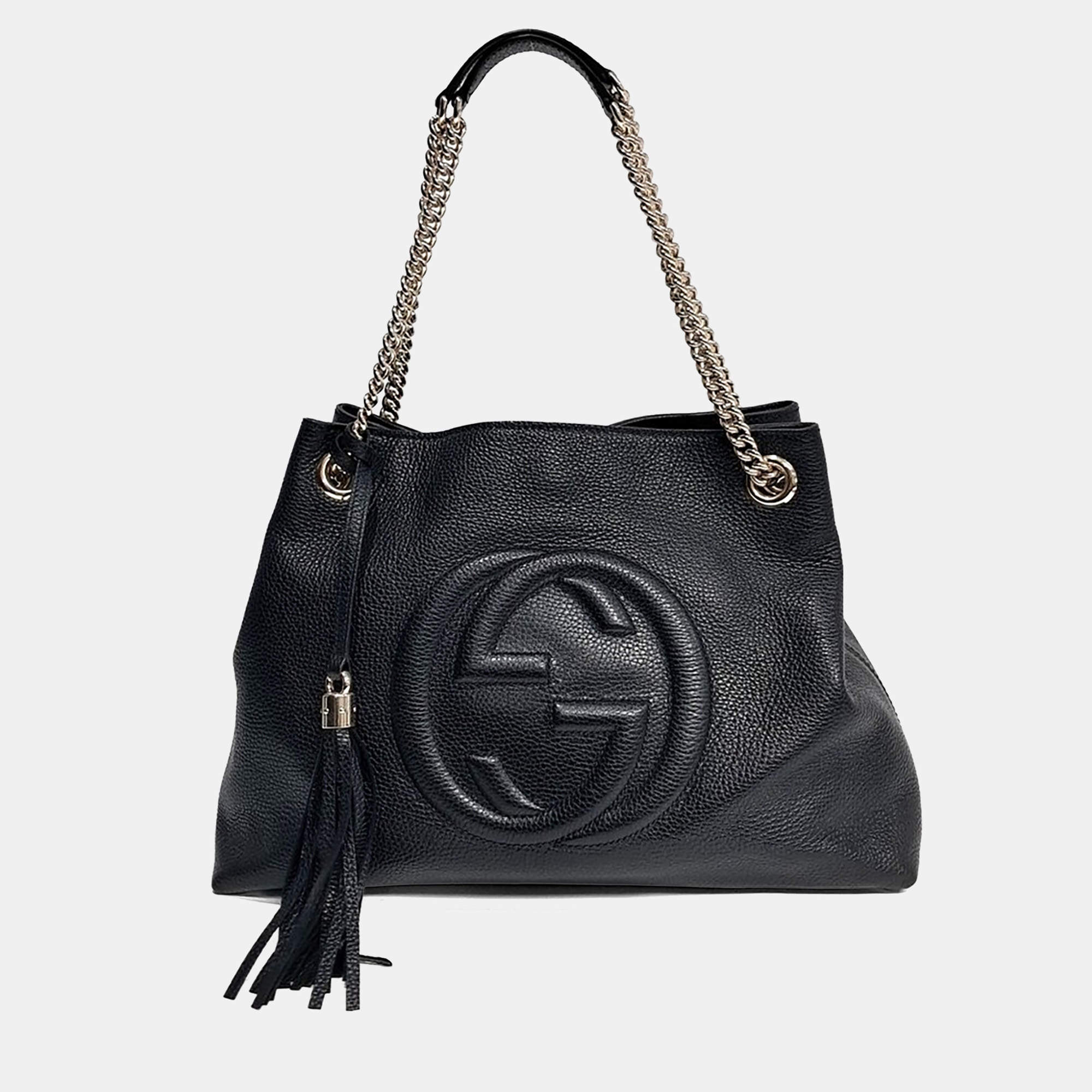 Pre Owned Gucci Black Leather Tassel Chain Shoulder Bag