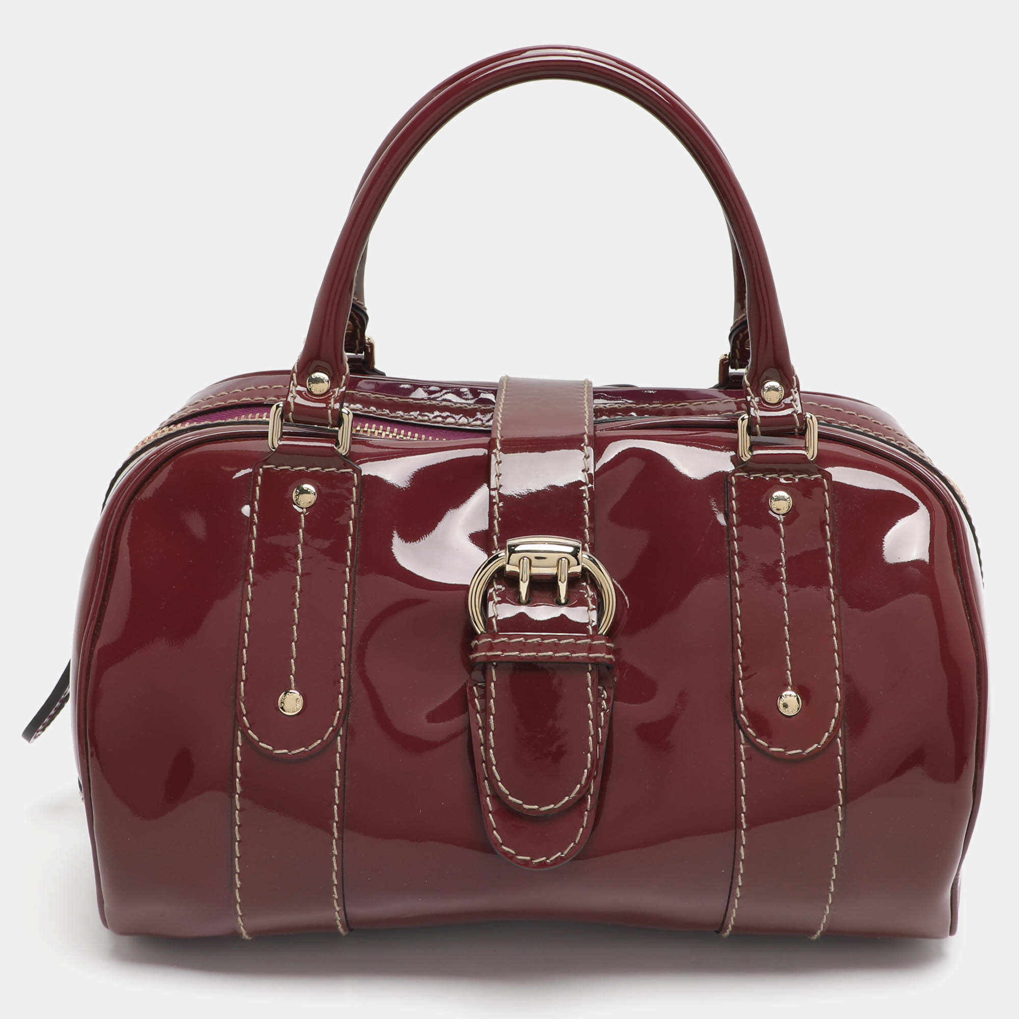Pre Owned Gucci Burgundy Patent Leather Buckle Flap Boston Bag