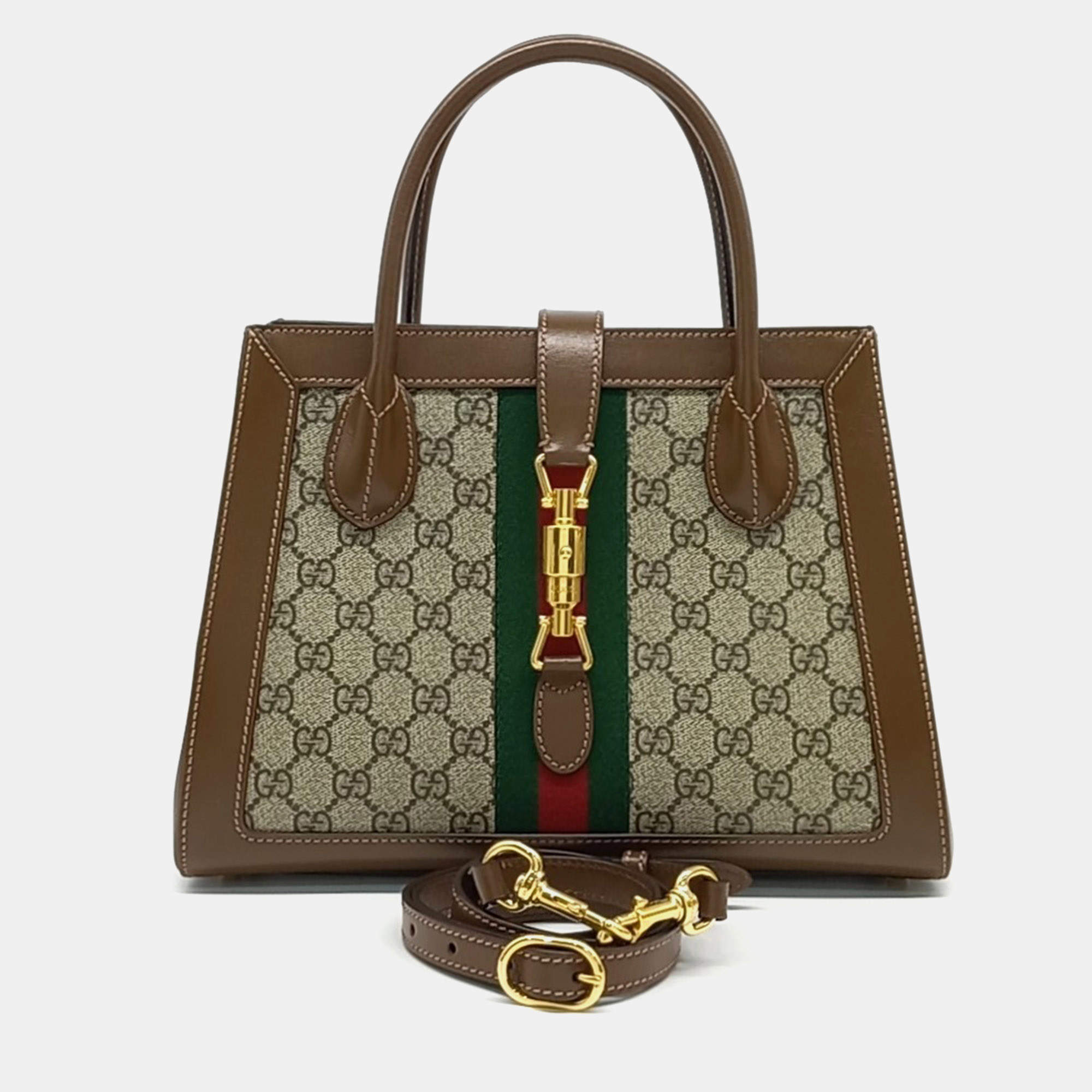 Pre Owned Gucci Jackie 1961 Medium Brown GG Monogram Canvas Leather Tote Bag