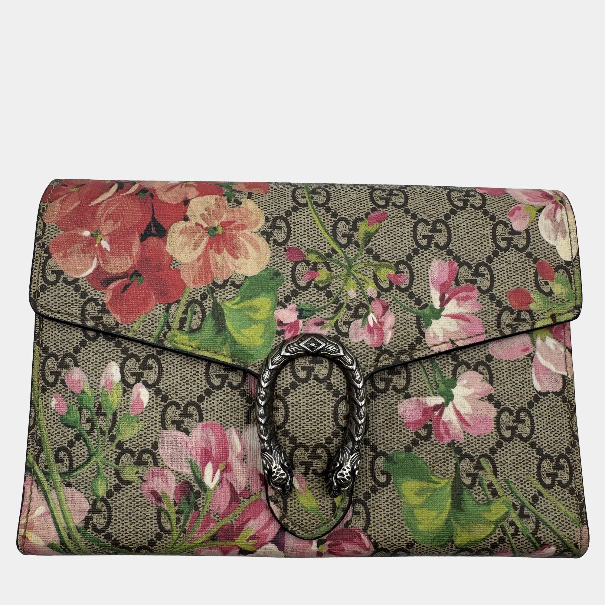 Pre Owned Gucci Dionysus Blue Beige GG Blooms Supreme Canvas Leather Wallet On Chain Bag