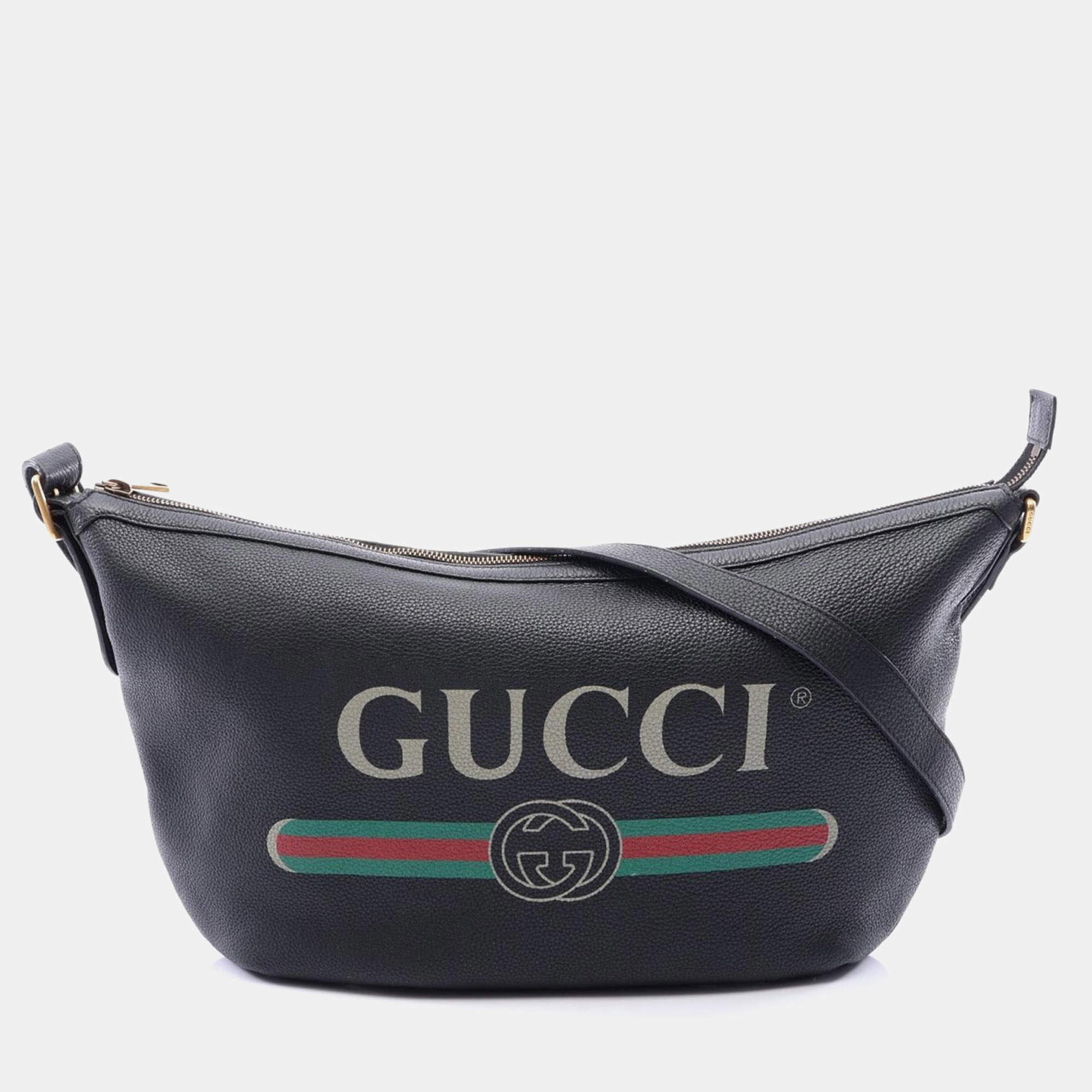 مملوكة مسبقًا Gucci Print Half Moon Black Grained Calfskin Leather Hobo Shoulder Bag