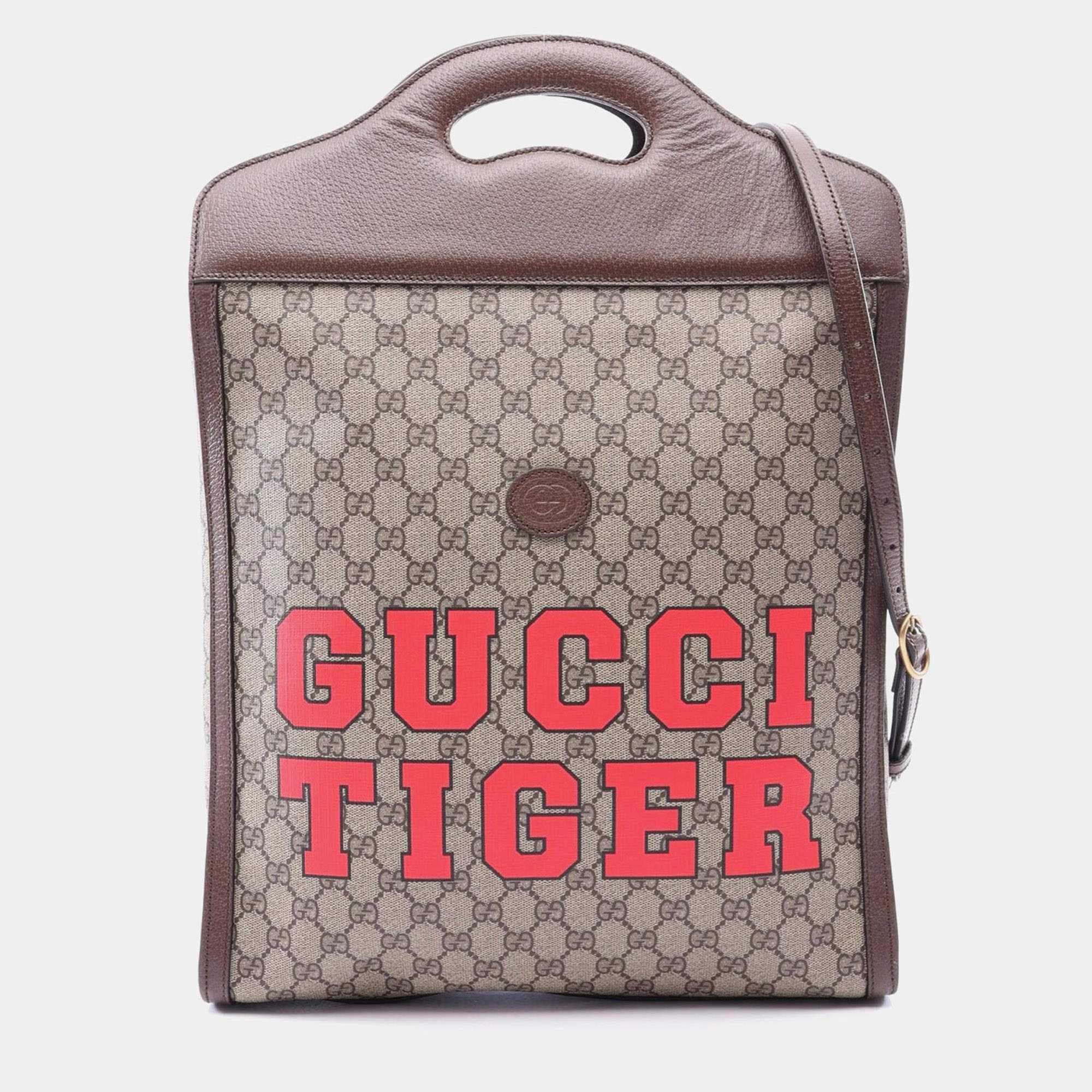 Pre Owned Gucci Tiger GG Supreme PVC Coated canvas Natural Leather Vertical Tote Bag