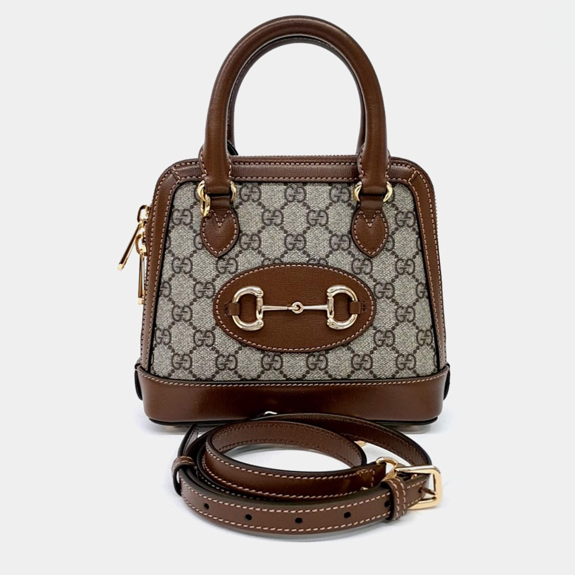 مملوكة مسبقًا Gucci Beige Brown PVC Horsebit 1955 Mini Top Handle Bag (640716)