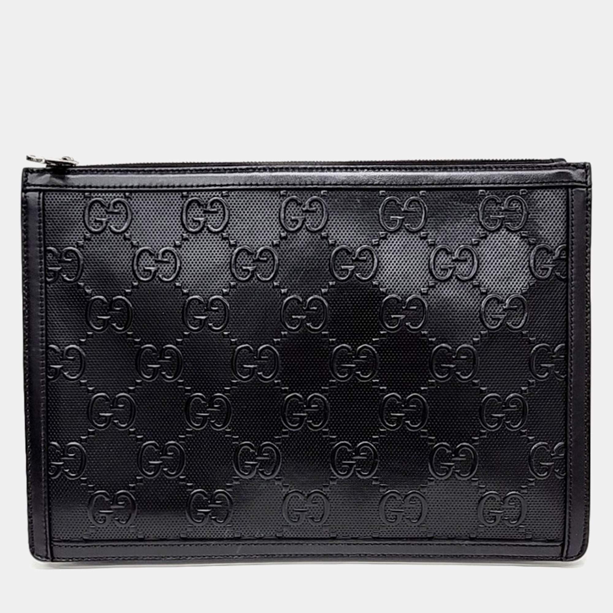 Pre Owned Gucci Black Leather GG Embossed Clutch (646449)