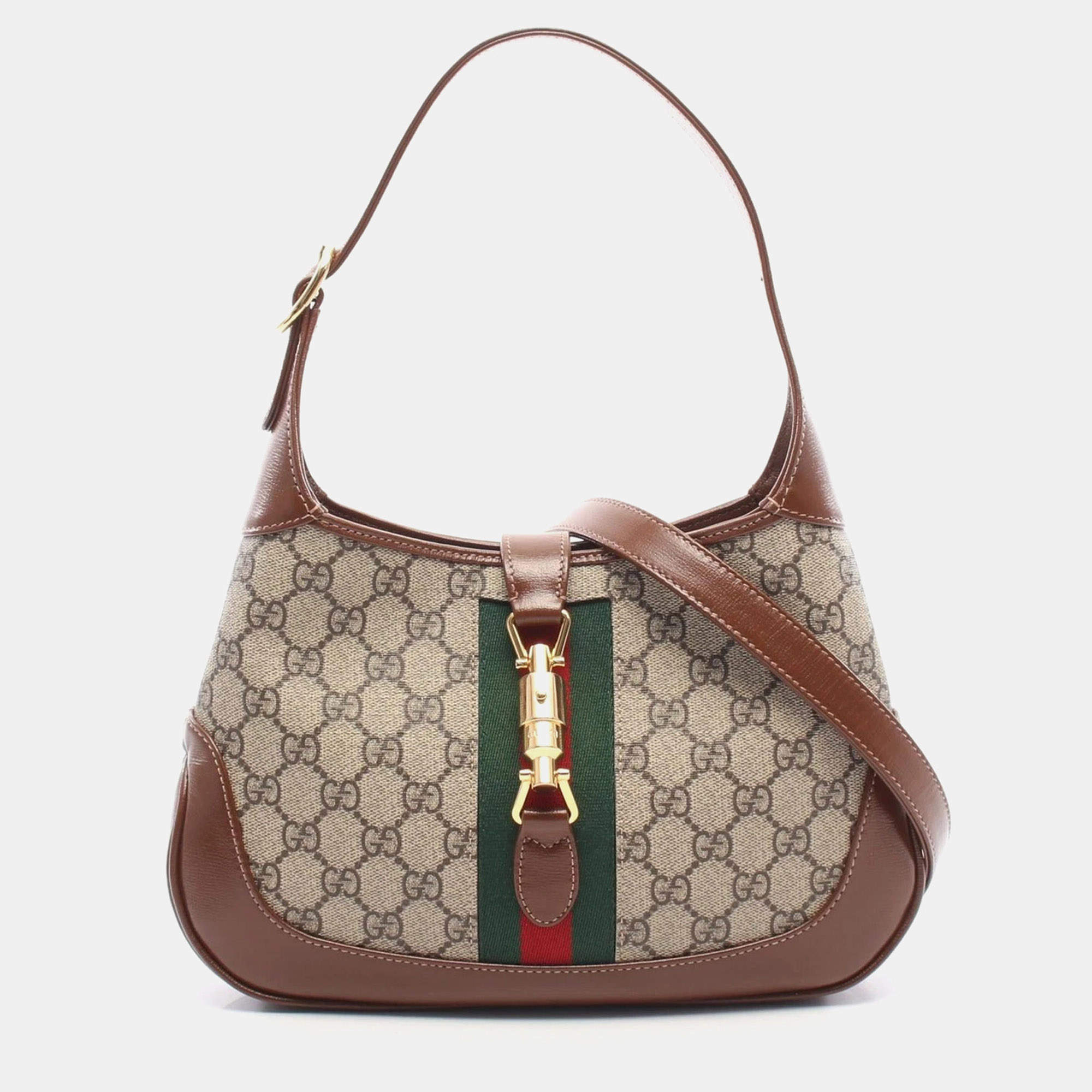 Pre Owned Gucci Jackie 1961 Small Beige GG Supreme Canvas Leather Shoulder Bag