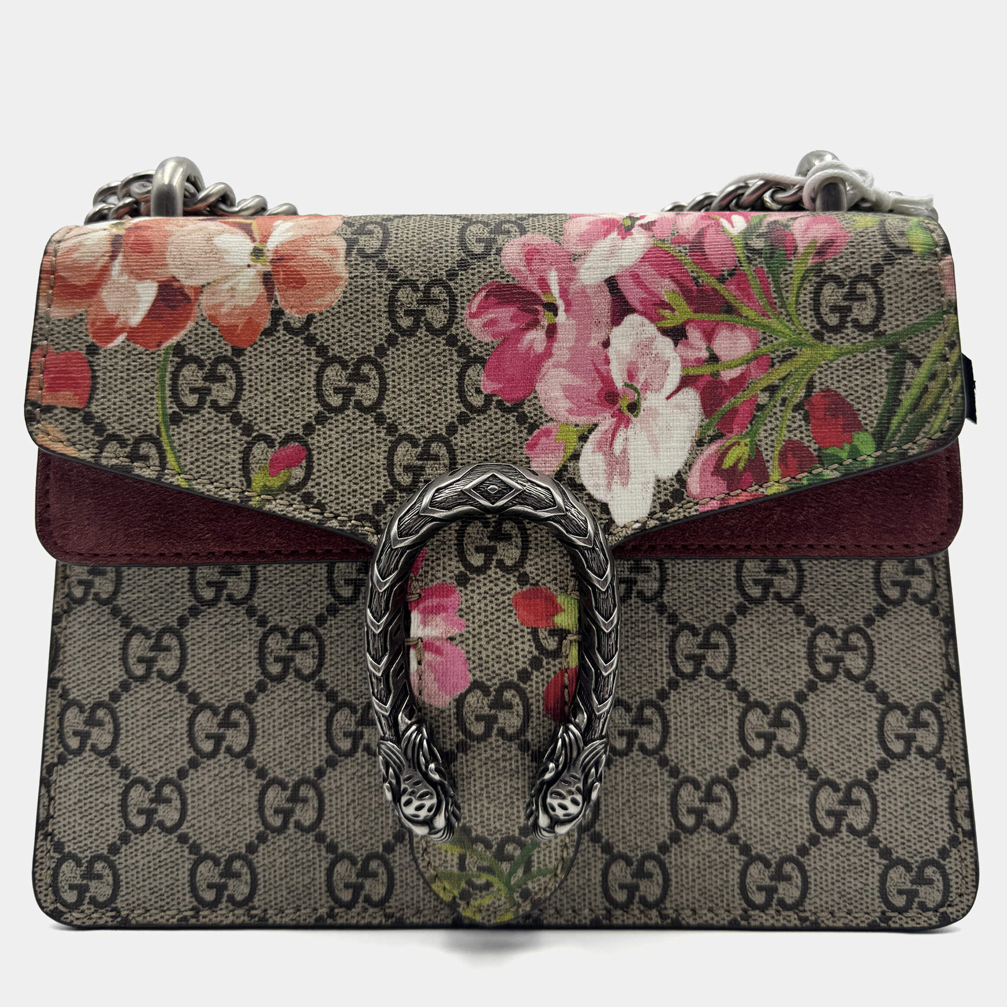 Pre Owned Gucci Beige/Maroon Gg Supreme Blooms Canvas And Suede Mini Dionysus Shoulder Bag