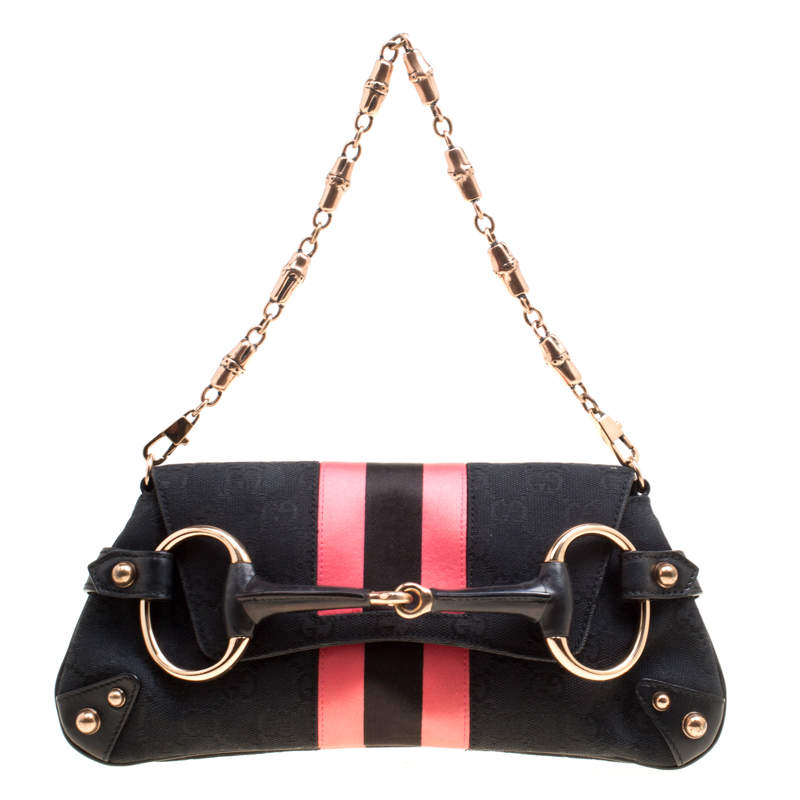 Gucci Black/Pink GG Canvas and Satin Small Limited Edition Tom Ford Horsebit Web Chain Clutch