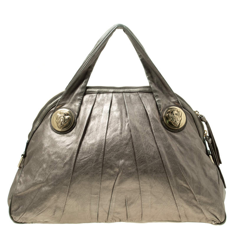 Pre Owned Gucci Metallic Grey Leather Large Hysteria Top Handle Bag
