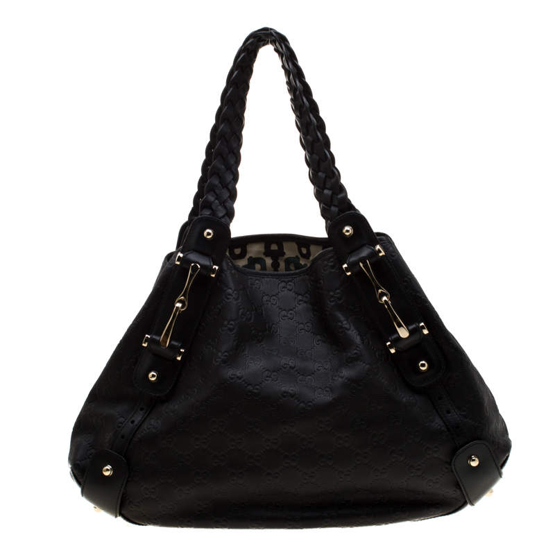 Pre Owned Gucci Black Guccissima Leather Medium Horsebit Pelham Shoulder Bag