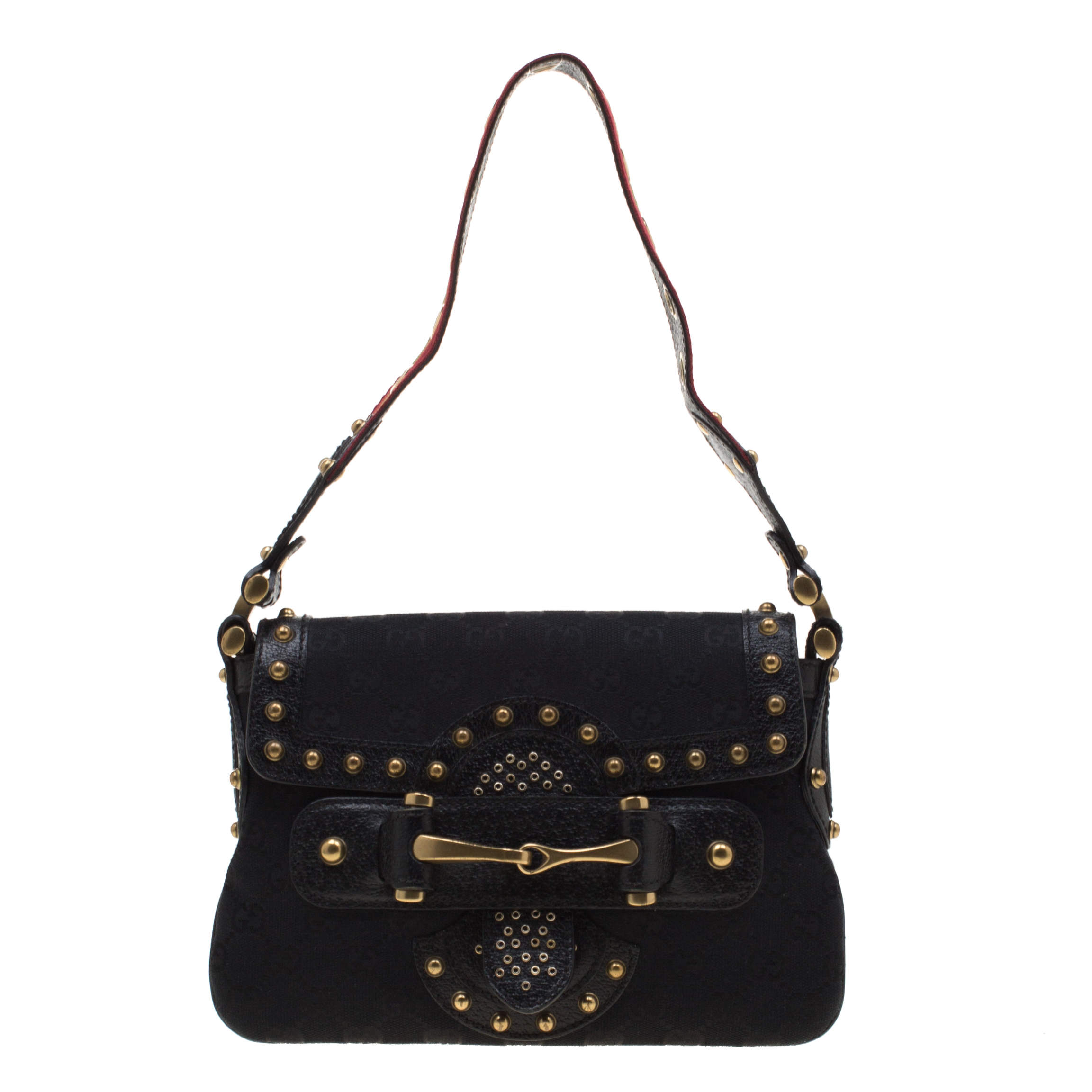 مملوكة مسبقًا حقيبة كتف غوتشي رانواي بلهام مرصعة جلد وكانفاس GG سوداء