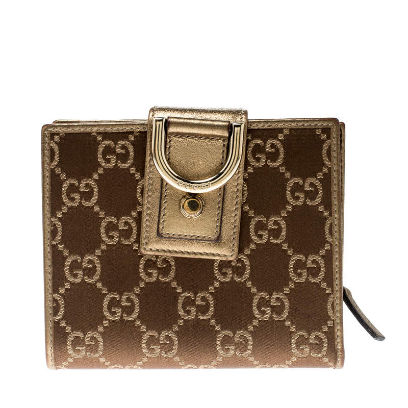 Gucci Brown/Gold Satin and Leather D Ring Compact Wallet Gucci | The ...