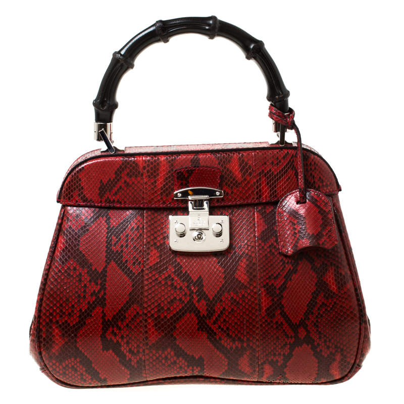 Pre Owned Gucci Red Python Leather Lady Lock Bamboo Top Handle Bag