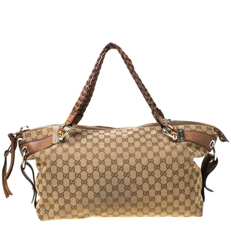 مملوكة مسبقًا Gucci Beige/Brown GG Canvas and Leather Medium Bamboo Bar Tote             