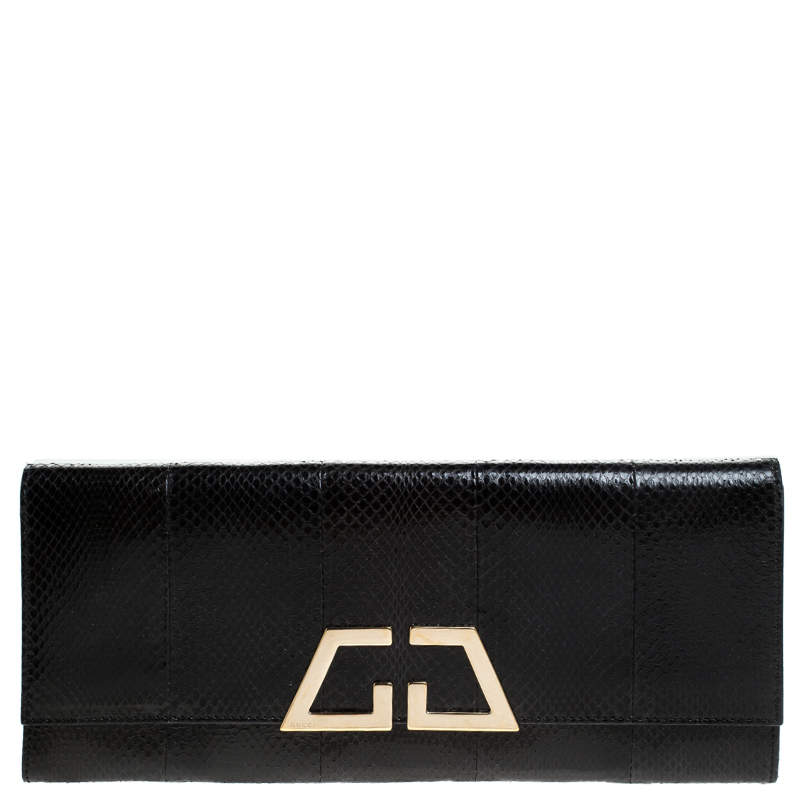 مملوكة مسبقًا Gucci Black Snakeskin G Night Flap Clutch