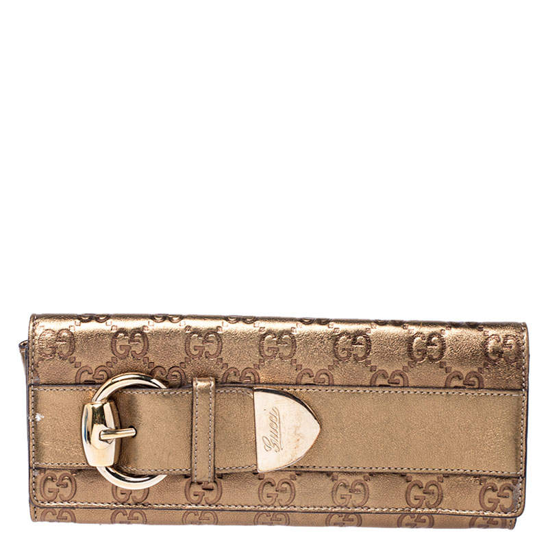 Gucci Gold Guccissima Leather Buckle Continental Wallet