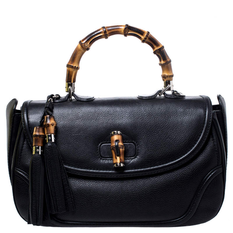Pre Owned Gucci Black Leather Large New Bamboo Tassel Top Handle Bag