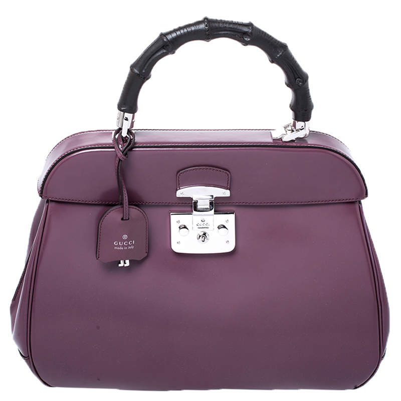 Pre Owned Gucci Purple Patent Leather Lady Lock Bamboo Large Top Handle Bag