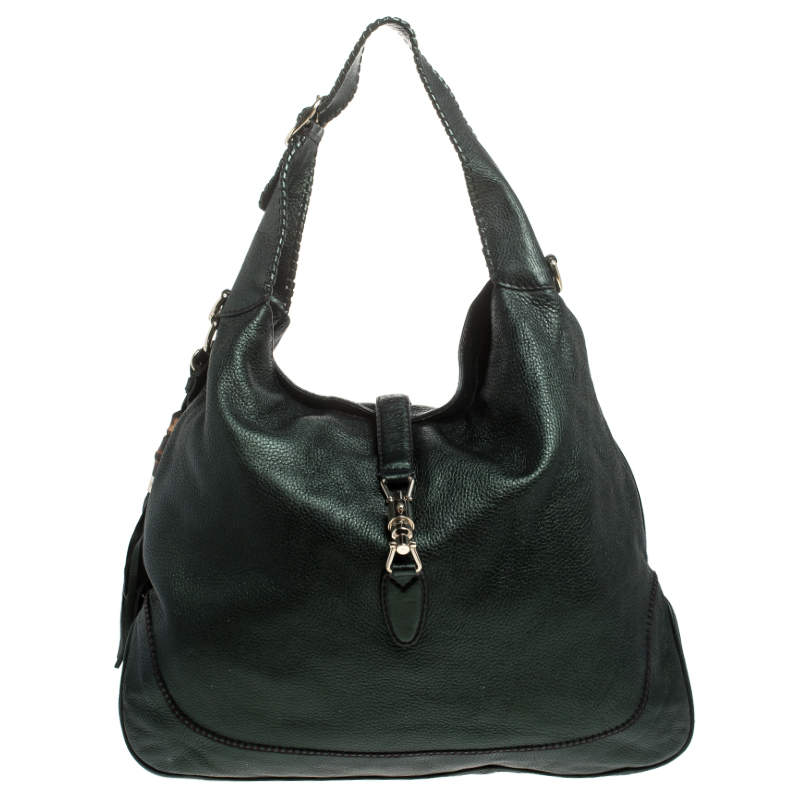 Pre Owned Gucci Metallic Green Leather Large New Jackie Hobo
