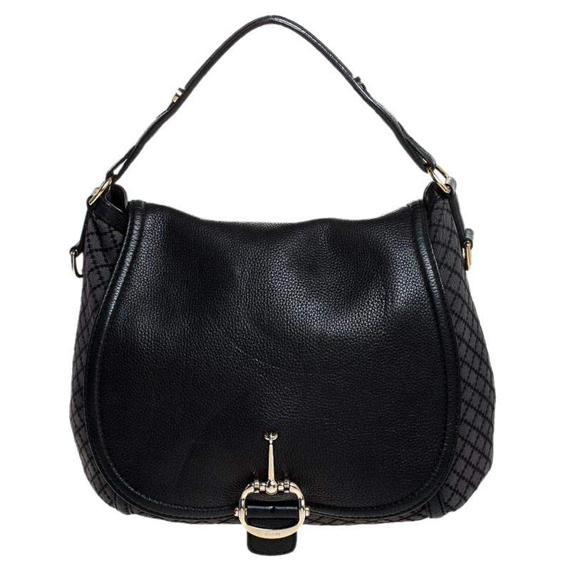 مملوكة مسبقًا Gucci Black/Grey Diamante Canvas Horsebit Flap Shoulder Bag