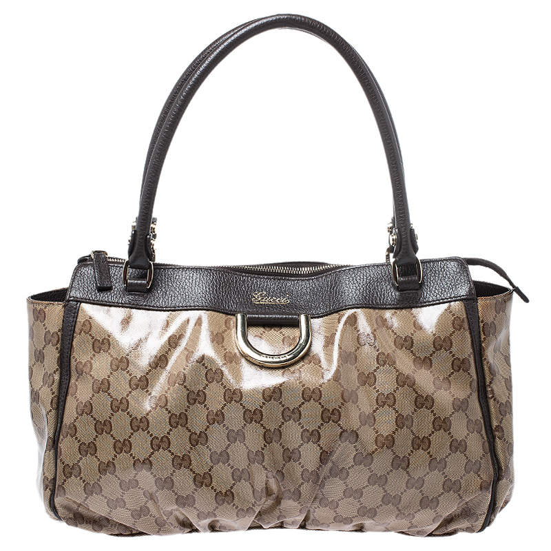 Pre Owned Gucci Brown Crystal Coated Canvas D Ring Tote