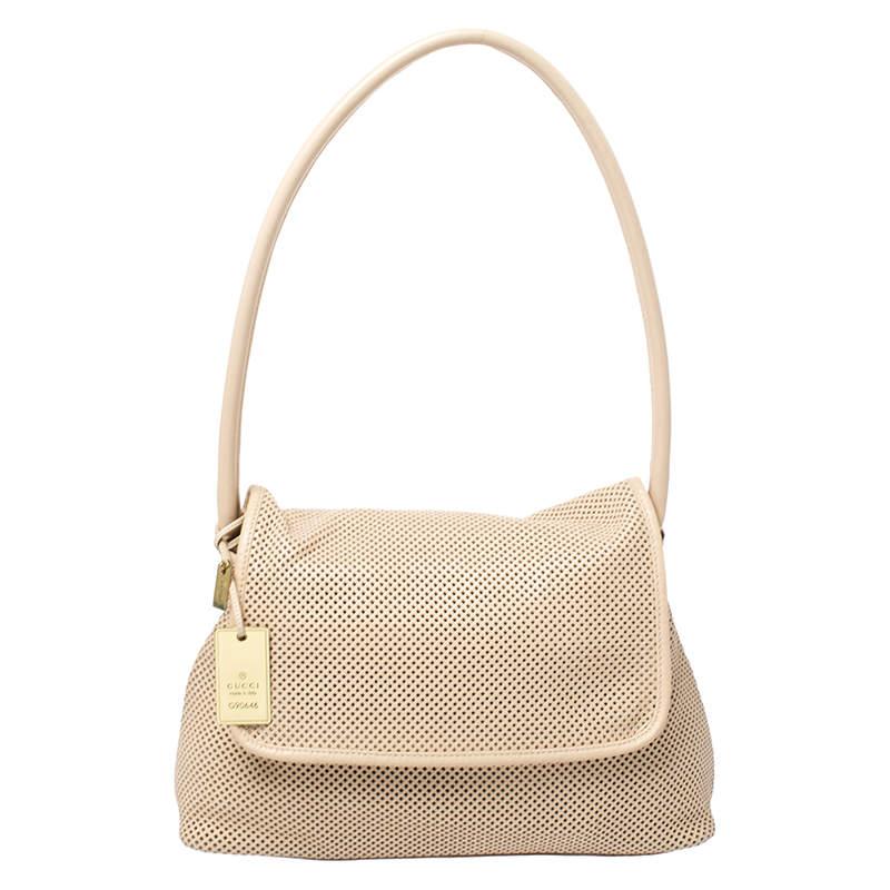 مملوكة مسبقًا Gucci Beige Perforated Leather Shoulder Bag with Pouch