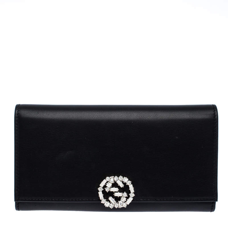  Gucci Black Leather Interlocking GG Crystal Continental Wallet
