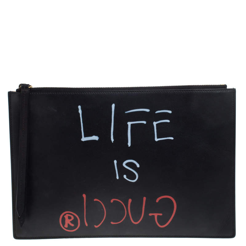 Pre Owned حقيبة صغيرة غوتشي سحاب Ghost جلد سوداء