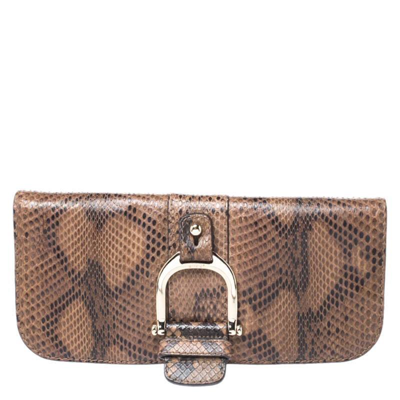 Pre Owned حقيبة كلتش غوتشي غرينيتش جلد وجلد ثعبان بنية