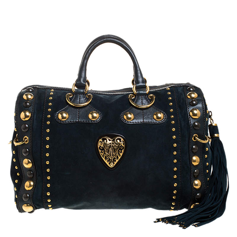 Pre Owned Gucci Dark Green Suede and Leather Large Babouska Indy Boston Bag