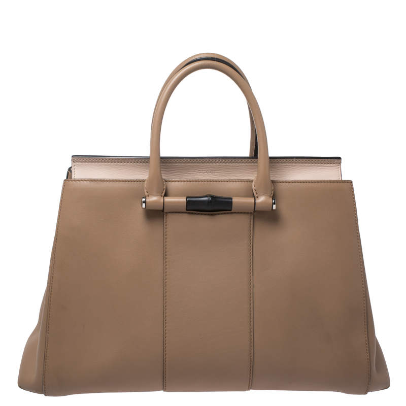Pre Owned Gucci Beige Leather Lady Bamboo Top Handle Bag