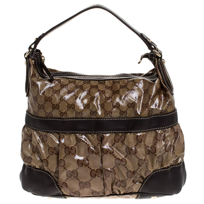 مملوكة مسبقًا Gucci Beige/Brown GG Crystal Coated Canvas and Leather Mix Hobo