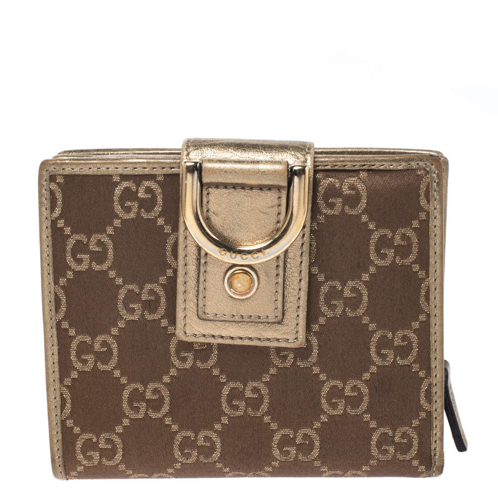 Gucci Brown/Metallic Gold GG Canvas Abbey D Ring Compact Wallet