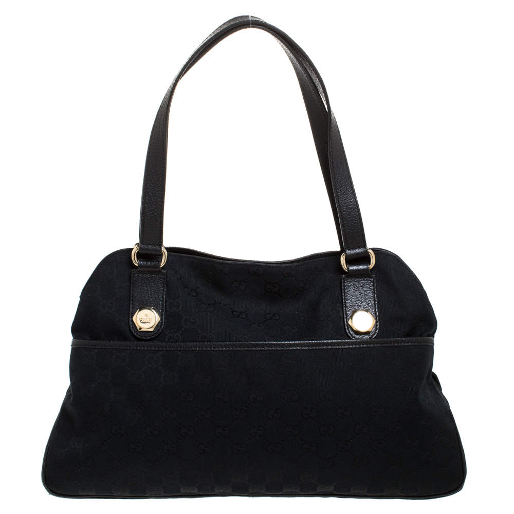 Pre Owned Gucci Black GG Canvas and Leather Shoulder Bag