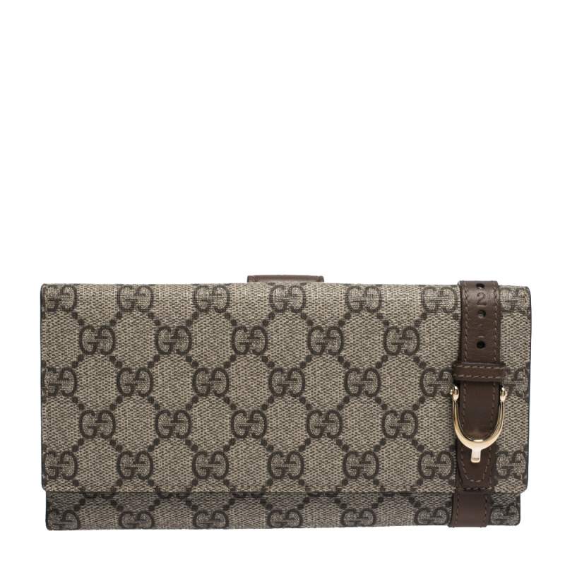 Gucci Beige/Brown GG Supreme Canvas Stirrup Flap Wallet
