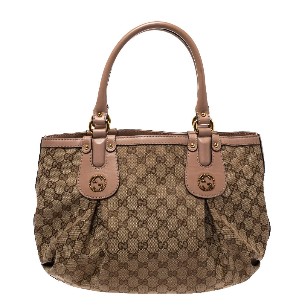 Pre Owned Gucci Beige GG Canvas and Leather Small Scarlett Interlocking G Tote