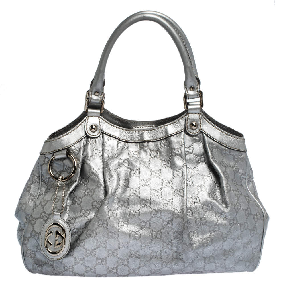 Gucci Metallic Silver Guccissima Leather Medium Sukey Tote