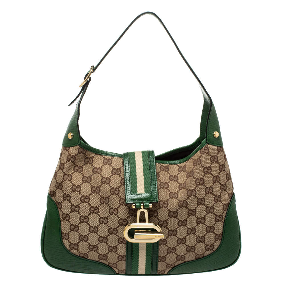 Gucci Green/Beige GG Canvas and Leather Junco Hobo