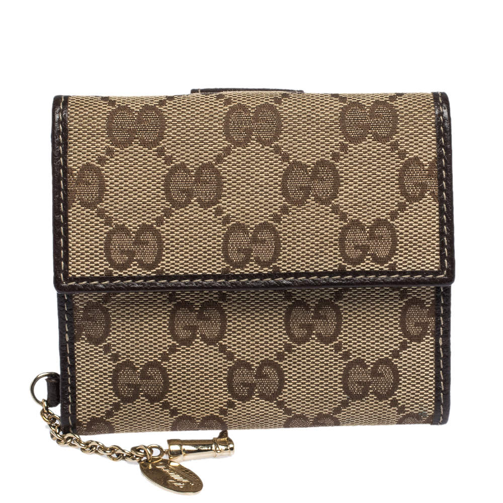 Gucci Brown/Beige GG Canvas and Leather Flap Compact Wallet with Charm