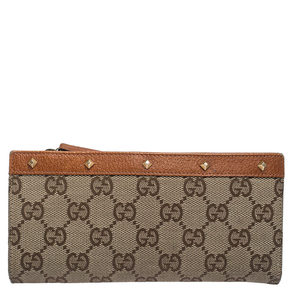 Gucci Beige/Orange GG Canvas and Leather Studded Continental Wallet