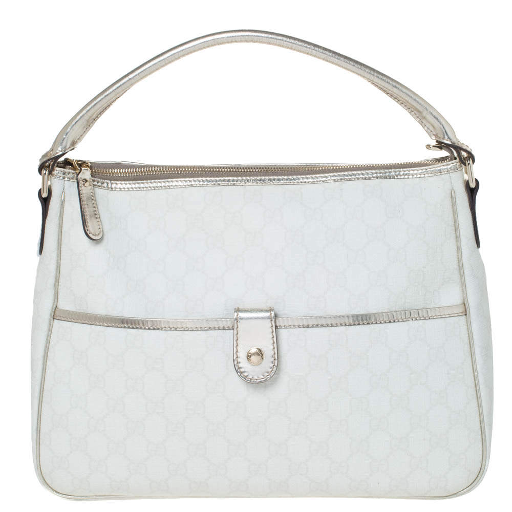 Pre Owned Gucci White/Gold GG Supreme Canvas and Patent Leather Plus Joy Hobo