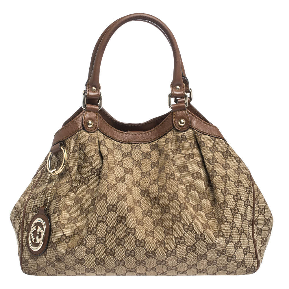 Pre Owned Gucci Beige/Brown GG Canvas and Leather Sukey Tote